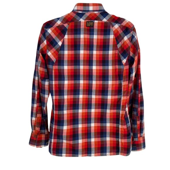 G-Star Raw Men’s Red Blue Plaid Button-Up Shirt Epaulets Size M Streetwear - Picture 2 of 16